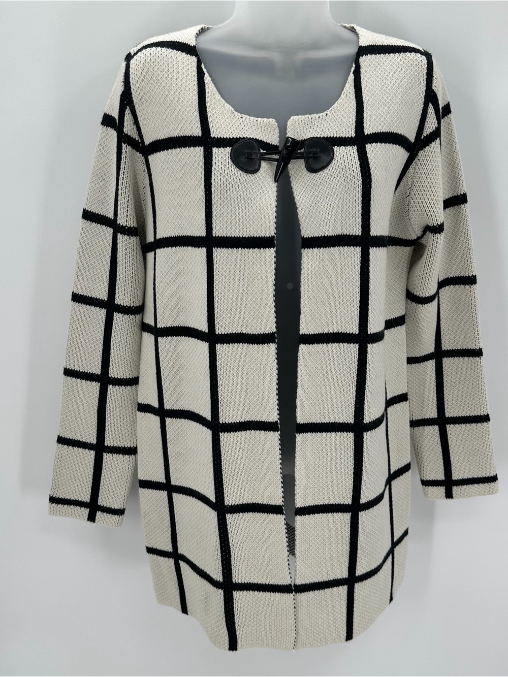 escio Cardigan Sweater Womens M Ivory Black Check Knit Long Open Button L/S NWT